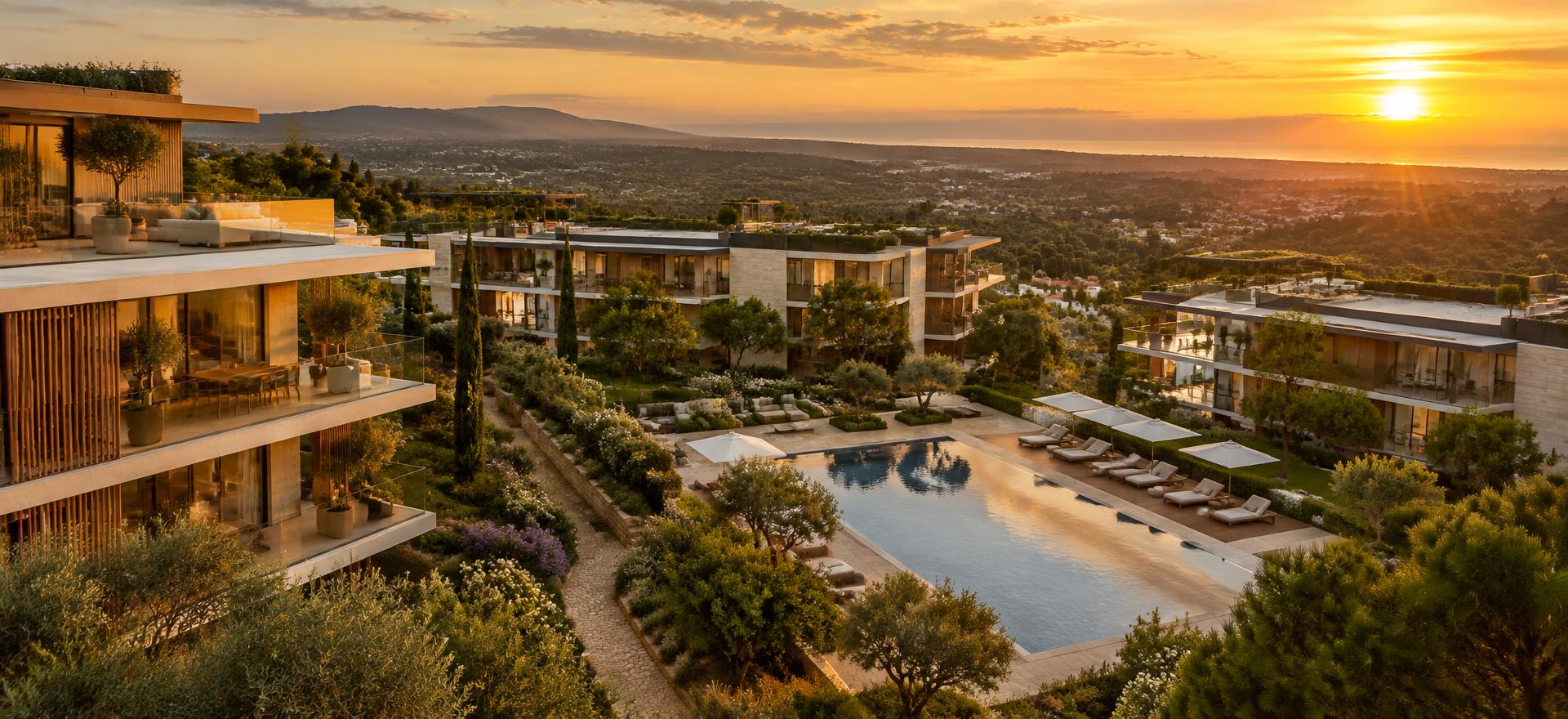 Neubauprojekte — empreendimento residencial premium em Portugal ao pôr do sol